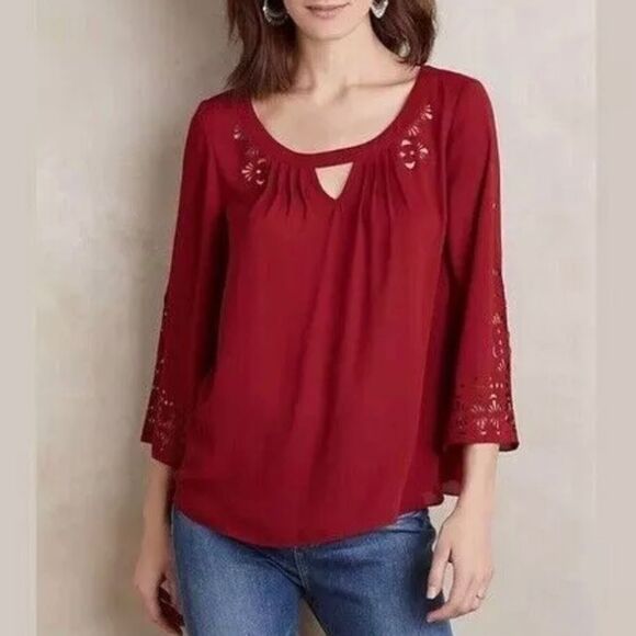 Anthropologie Maeve burgundy red laser cut out blouse women’s size small 6 - Picture 1 of 11